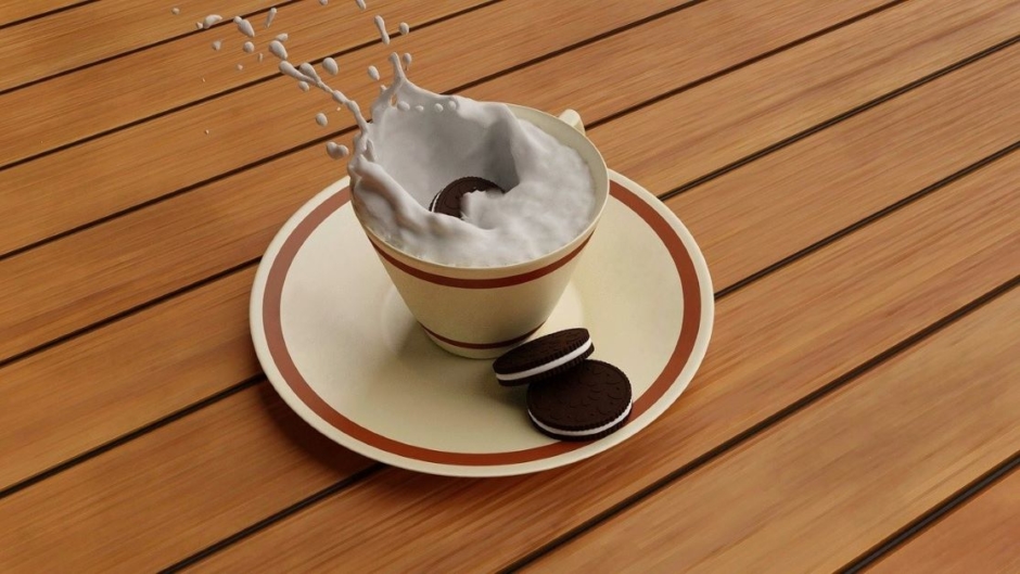 Eine Tasse Milch in die ein Schokostück hineinfällt und dadurch spritzt die Milch hoch. Eine Beschreibung für das Thema, mache ich zuviel oder zu wenig?