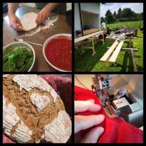 Collage aus 4 Bildern, die selbst gemachtes repräsentieren. Pizza kochen, Holz schneiden, Brot, selbst genähtes mit rotem Stoff.