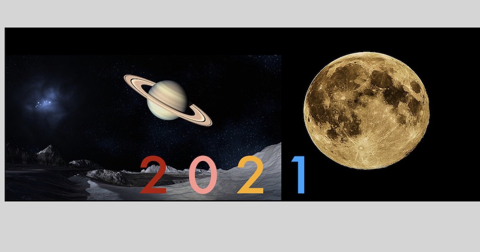 Mond und Saturn und bunt die Zahl 2021